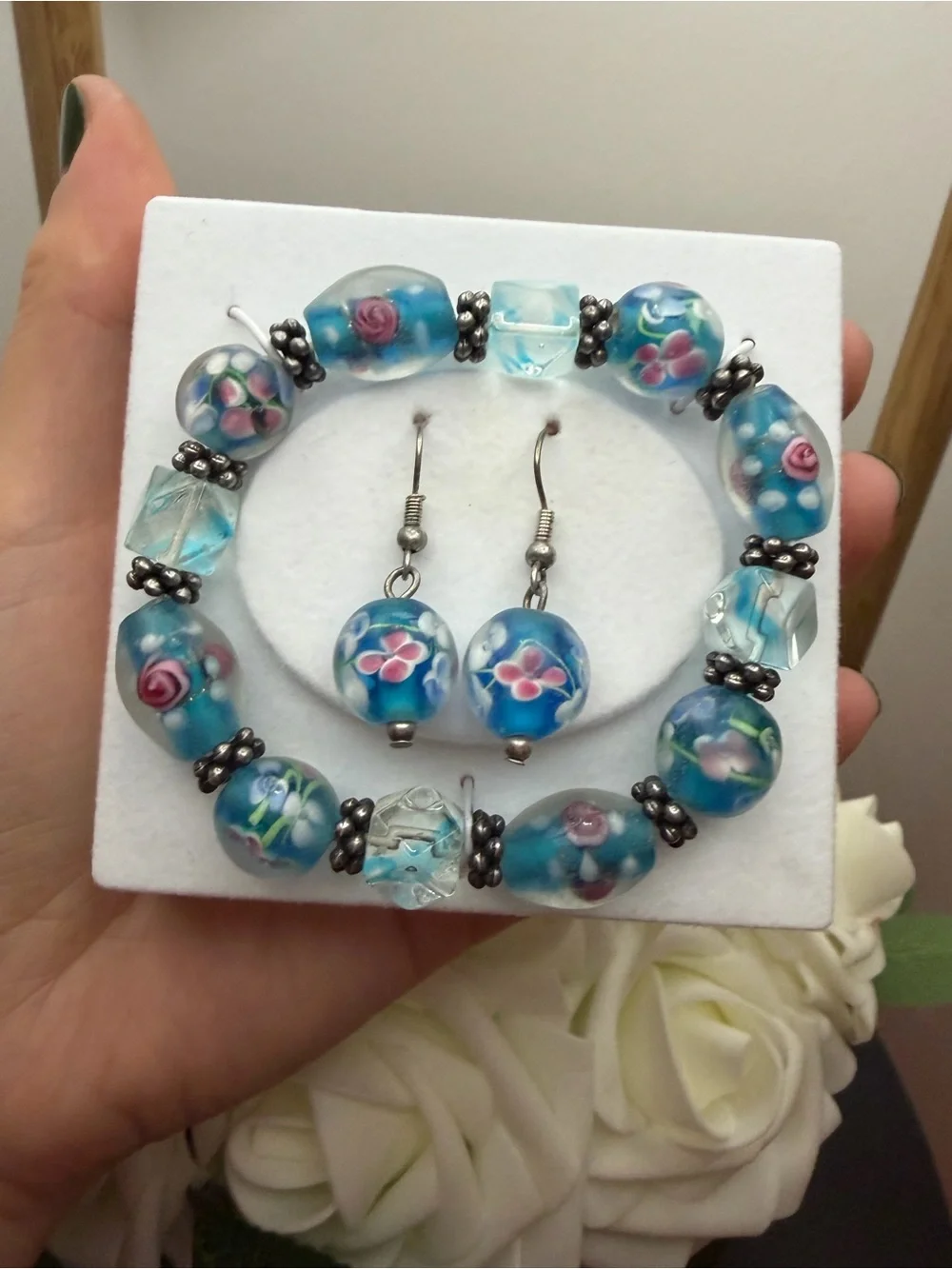 Handcrafted Floral Blue Glass Bead Bracelet & Earring Set
